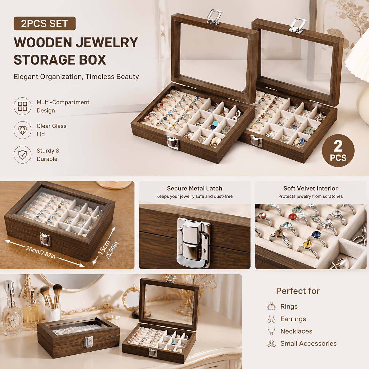 Vintage Wooden Jewelry Organizer Box with Glass Lid